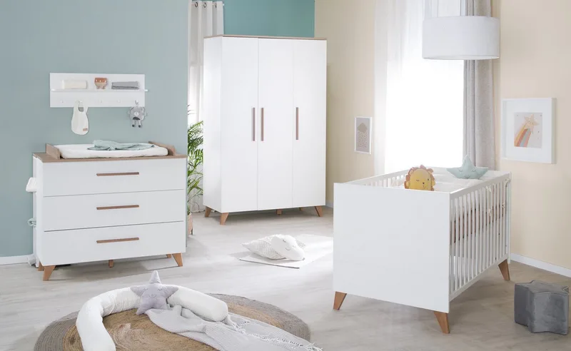 Babyzimmer-Komplettset Ole 3-teilig - (Set, Kinderbett, Wickelkommode, Kleiderschrank), moderne Optik - Griffe & Füße aus stabilem Massivholz by roba in Weiß – product photo