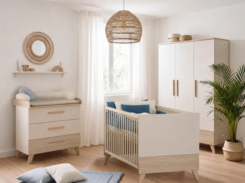 Babyzimmer-Komplettset Sidney - modernes Kinderzimmer in Cashmere & Eiche, (Komplett-Set, 3-tlg., Babybett 70 x 140 cm, Wickelkommode, Kleiderschrank), Griffe & Füße aus Massivholz - Mit hochwertigen Fräsungen im Holz van roba in Beige – productfoto