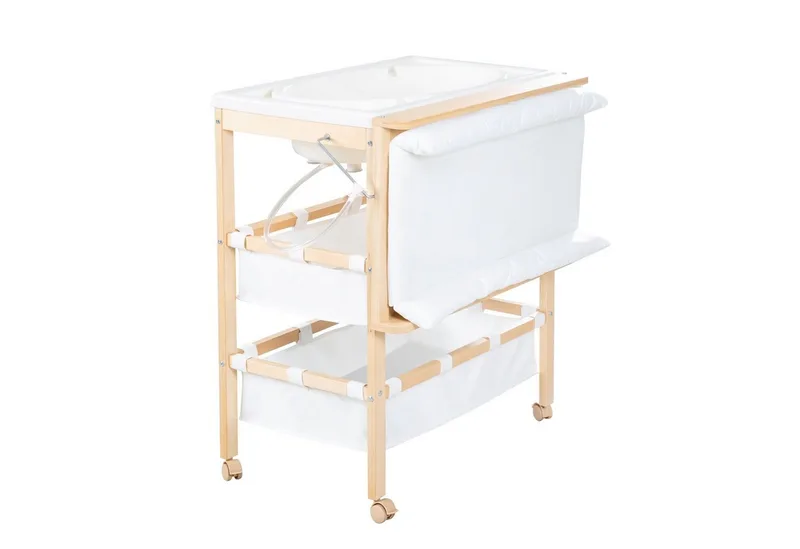 Bade- und Wickelkombination Baby Pool, klappbarer Tisch mit Wanne, Holz natur, Wickelauflage weiß van roba – productfoto