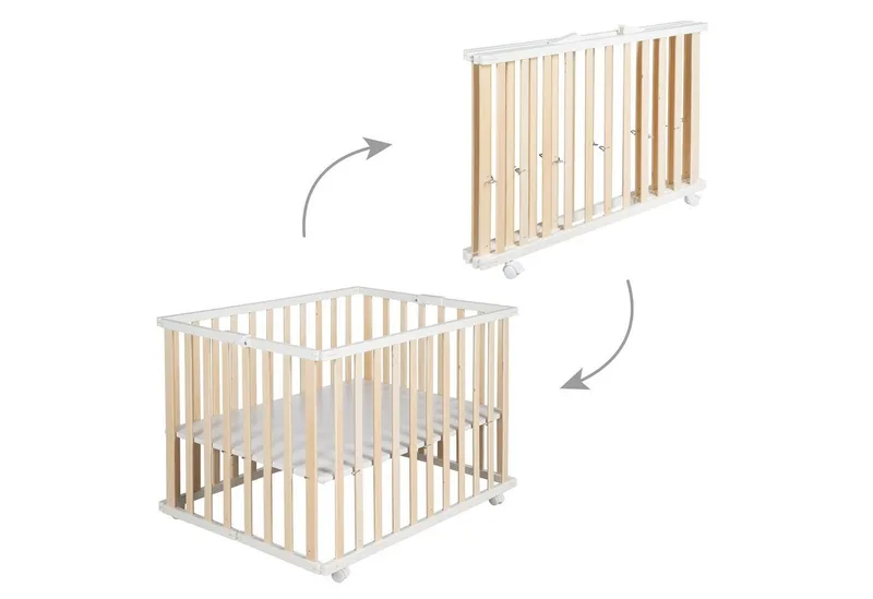 Laufgitter 75 x 100 cm - Klapplaufgitter - zusammenklappbar inkl. Rollen, Laufstall inkl. Schutzeinlage, höhenverstellbar, platzsparend by roba in Beige – product photo
