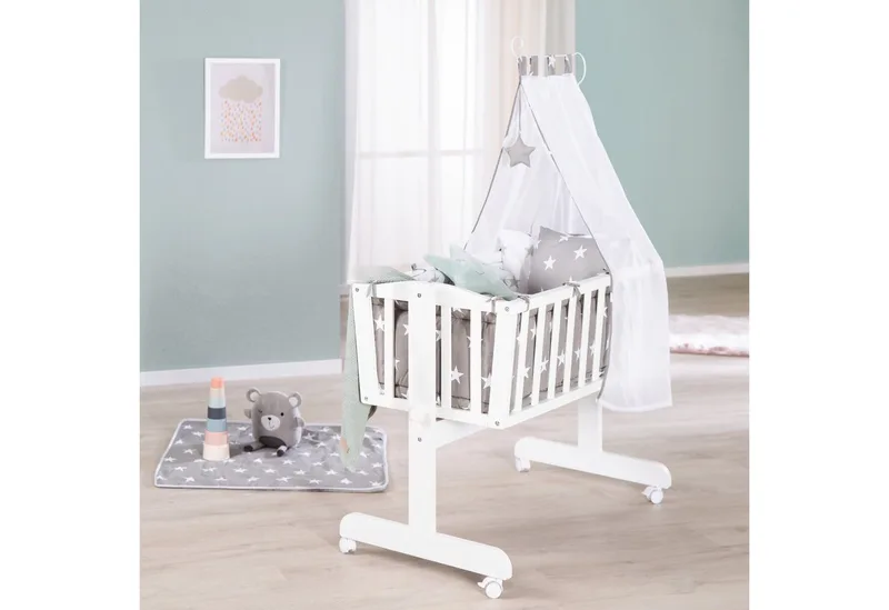 Stubenbett Komplettwiegenset "Little Stars", Stubenwagen & Wiege aus Holz in / Grau van roba in Weiß – productfoto