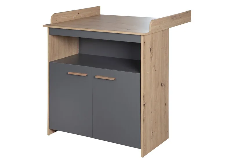 Wickelkommode Anna - aus Holz - in Anthrazit mit Dekor Kent Eiche - moderne Optik, Wickeltisch 2-türig mit abnehmbarem Aufsatz - Offenes Fach & 2 Türen van roba in Grau – productfoto