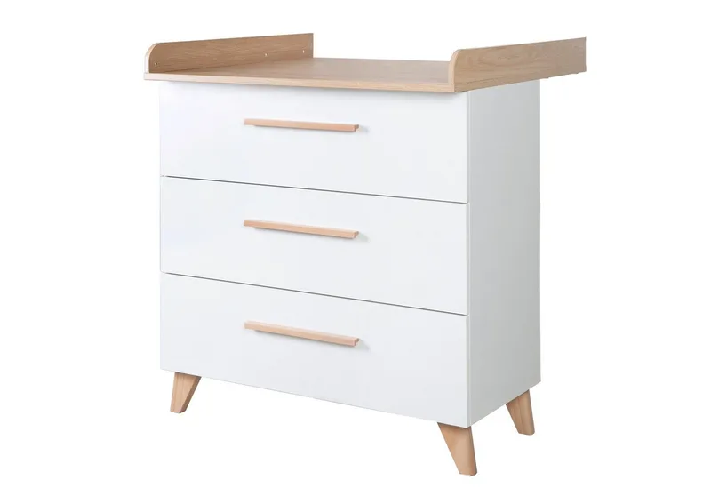 Wickelkommode Leon - aus Holz - in mit Dekor Othello Eiche - 3 Schubladen, mit Vollauszug - Füße & Griffe aus Massivholz by roba in Weiß – product photo