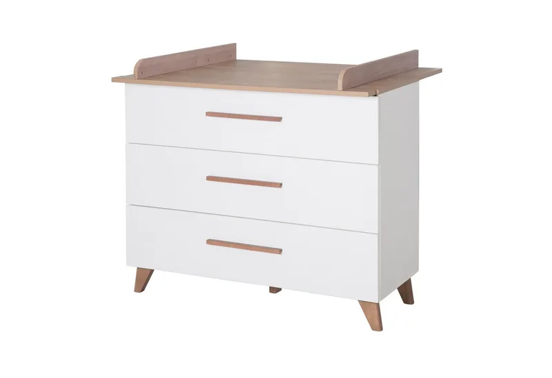 Wickelkommode Ole - Wickeltisch mit Füßen & Griffen aus massiver dunkler Eiche, abnehmbarer Wickelansatz - weiß lackiertes Holz mit Dekor Wotan Eiche by roba – product photo