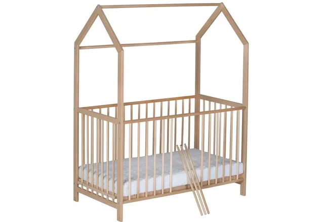 Babybett Micky 60x120cm - Natur, Babybett Hausbett Gitterbett höhenverstellbar mit 3 Schlupfsprossen