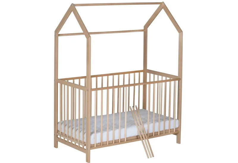 Babybett Micky 60x120cm - Natur, Babybett Hausbett Gitterbett höhenverstellbar mit 3 Schlupfsprossen van Schardt in Beige – productfoto