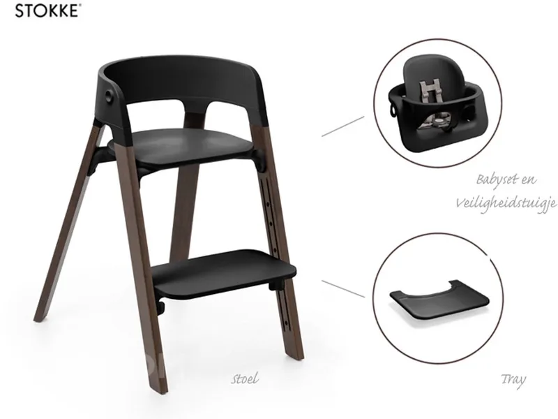 Steps Kinderstoel - Bundel met babyset, veiligheidstuigje en tray van Stokke in Black/Warm Brown – productfoto