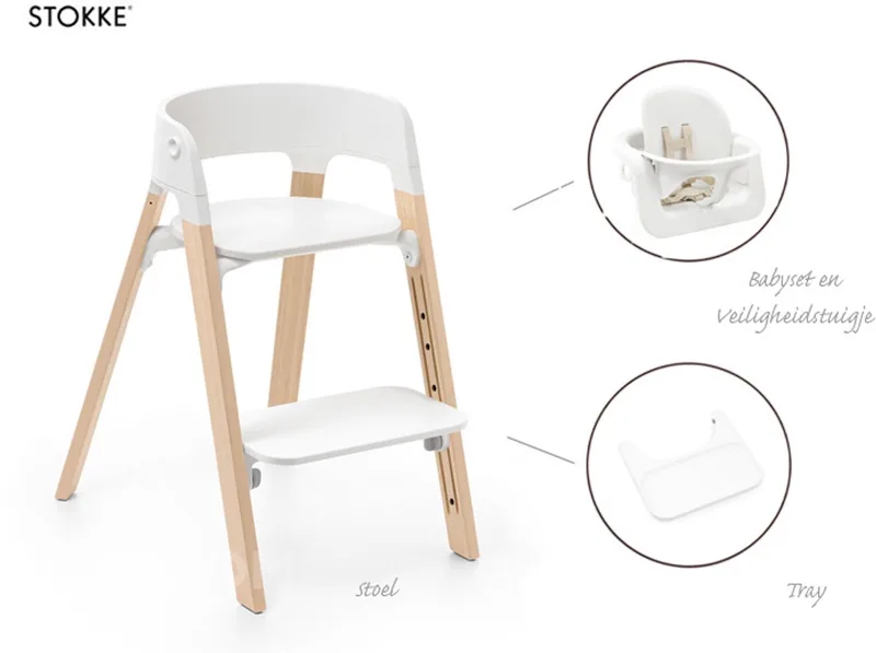 Steps Kinderstoel - Bundel met babyset, veiligheidstuigje en tray - White/Natural by Stokke in White-Natural – product photo