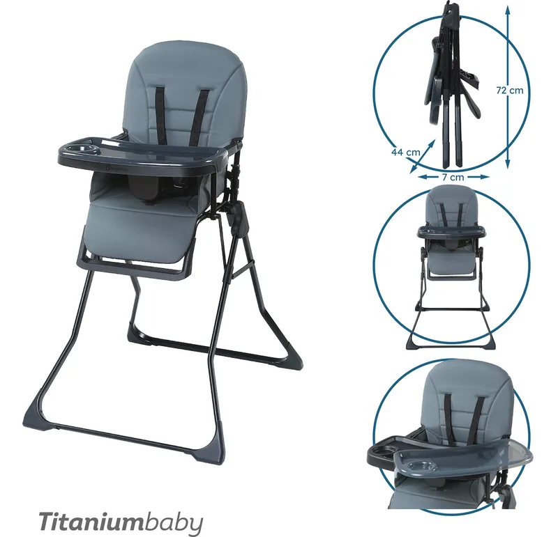 Kinderstoel Bistro / Eenvoudig reinigbare bekleding / Extra afneembaar eetblad / Verstelbaar eetblad / Compact inklapbaar design van Titanium Baby in Charcoal Grey – productfoto