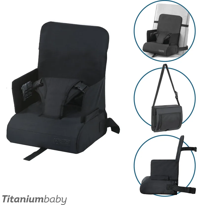 Stoelverhoger Seat2Go Black/Veranderd eenvoudig een eetkamerstoel in een kinderstoel/Inklapbaar en eenvoudig mee te nemen/Opbergvak aan de onderzijde by Titanium Baby in Zwart – product photo
