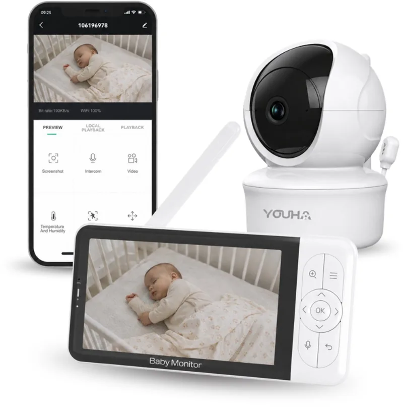 Babyfoon - Babyfoon met Camera, Kleuren beeldscherm en App - Modern Design, Scherp Kleurenbeeld en Helder Geluid - Compatibel met Meerdere Camera's - Beeldbabyfoon Baby6T de Youha en Wit – photo produit