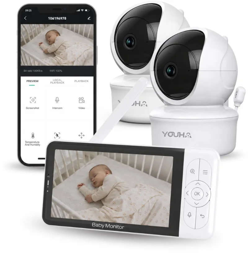 Babyfoon - Babyfoon met Twee Camera's, Kleuren beeldscherm en App - Modern Design, Scherp Kleurenbeeld en Helder Geluid - Compatibel met Meerdere Camera's - Beeldbabyfoon Baby6T by Youha in Wit – product photo