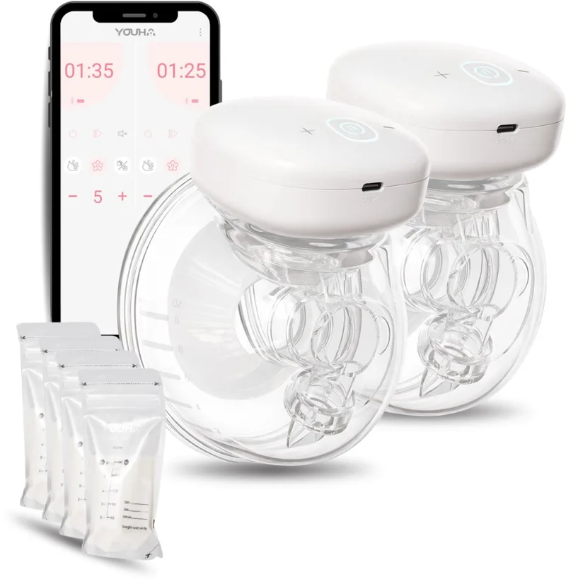 Elektrische Dubbele Borstkolf Gen 1 - Handsfree Draadloze Borstkolf - Met App - BPA-vrij - 24mm - Set van 2 - Inclusief tepelmeter by Youha in Youha – Dubbele Gen 1 + APP – wit – 24 mm – product photo