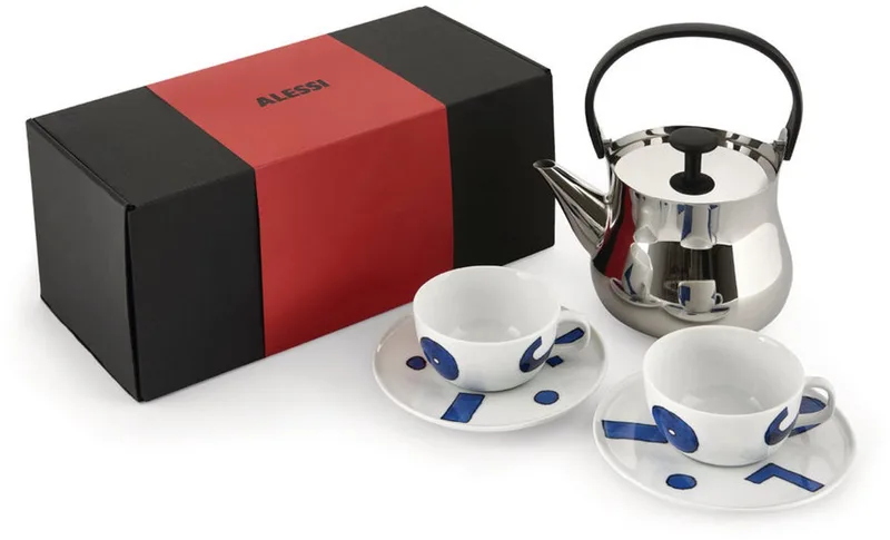 Cha Theeketel met 2 Theekoppen en Schotels - 900 ml - Porselein - Inductie by Alessi in RVS – product photo