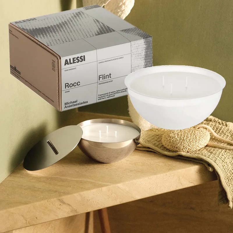 Rocc-Set-Small-Flint-Geurkaars-mét-Container van Alessi in Gepolijst staal – productfoto