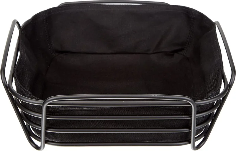 Broodmand L van gepoedercoat staal, katoenen stoffen tas, trendy en modern design, veelzijdig bruikbaar, exclusieve look (H / B / D: 9,5 x 25,5 x 25,5 cm, )Blomus 63872 Bread Basket, Black de Blomus en Zwart – photo du produit