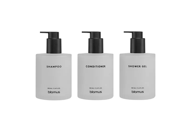 Seifenspender Glasflaschen 3er Set -KIREI- Shampoo, Duschgel & Conditioner Spender, (3er-Set, 3-tlg), Stilvolle Glasflasche, Nachhaltig, inkl. Wandhalterung, Bad de Blomus en Weiß – photo du produit