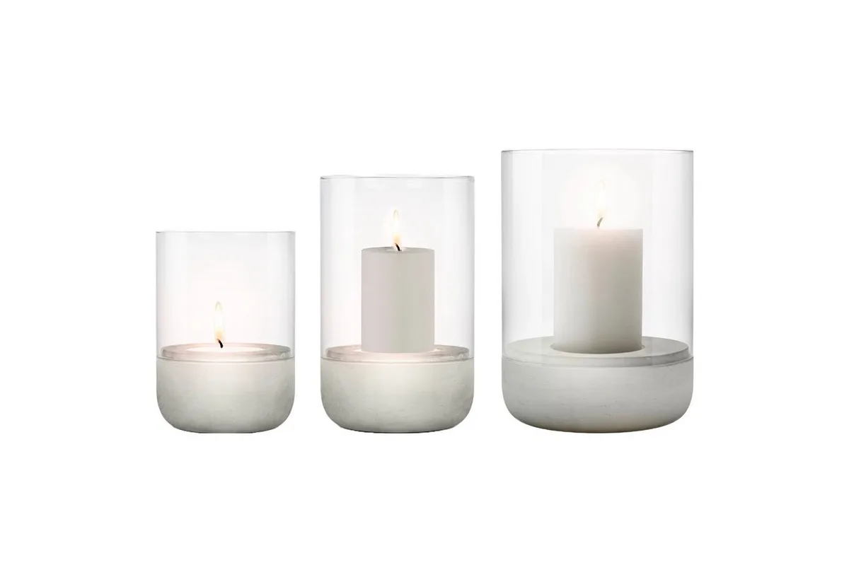 Windlicht -CALMA- Glas Kerzenhalter, Teelichthalter, Stimmungslicht modern (SET, 3 St., SIZE S,M,L), aus Glas mit Betonsockel von Blomus in Beige – Produktfoto