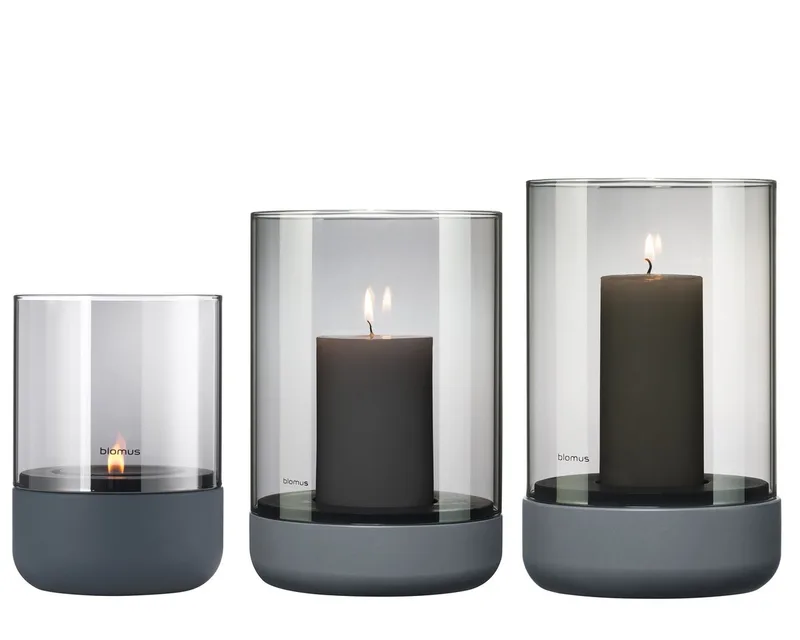 Windlicht -CALMA- Glas Kerzenhalter, Teelichthalter, Stimmungslicht modern (SET, 3 St., SIZE S,M,L), aus Glas mit Betonsockel by Blomus in Grau – product photo