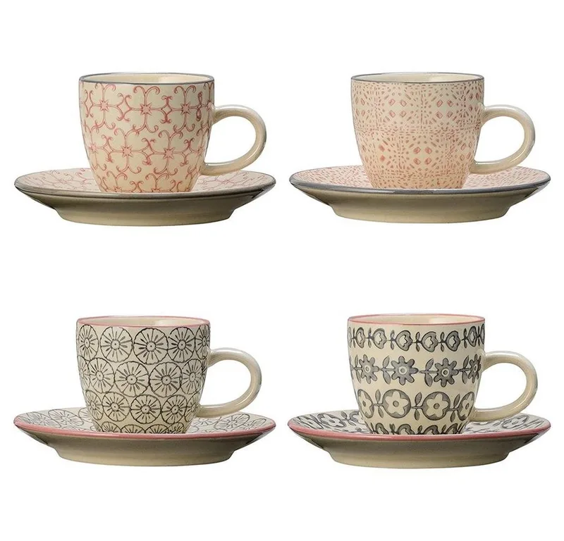Espressotasse Cécile Espresso Cup & Saucer,Rose,Stoneware, 90ml, 4er Set Espresso Tassen, 4-teilig Kaffeetasse, Espressotasse by Bloomingville in Rosa – product photo