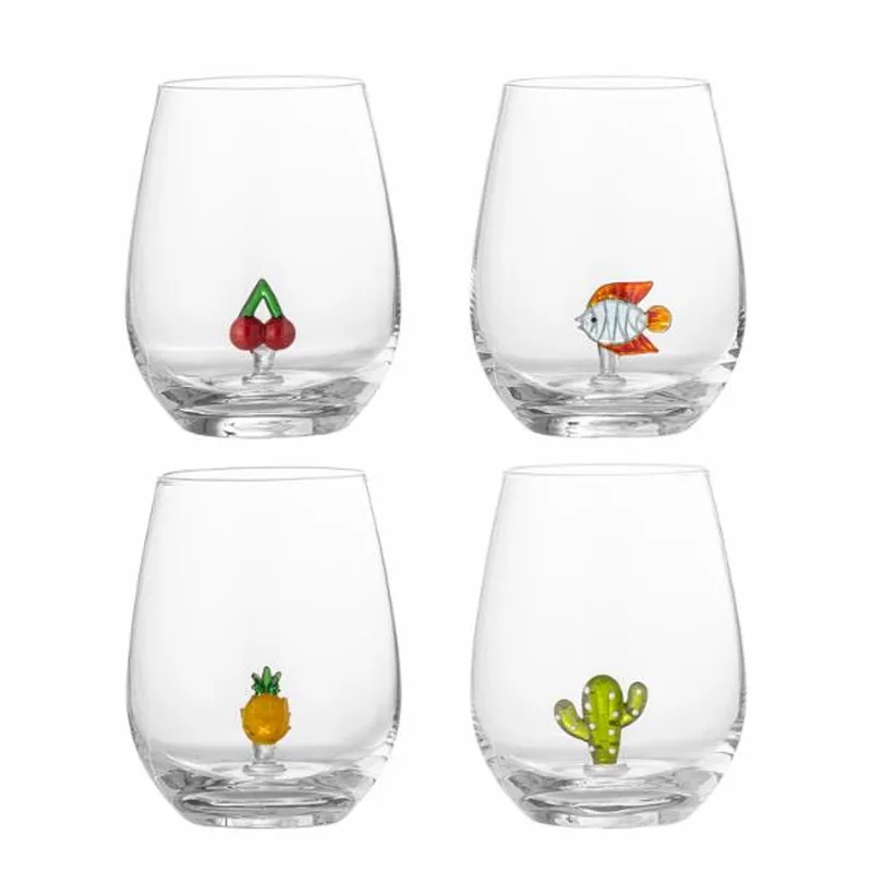 Misa Drinkglazen – set van 4 mondgeblazen glazen met cactus, kers, vis en ananas by Bloomingville in Transparant – product photo