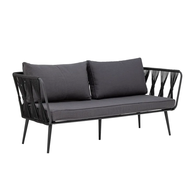 Pavone Gartensofa mit Armlehnen und dunkelgrauen Kissen, schwarzes Polyesterseil und schwarzes Metall, für Outdoor, Wetterbeständig by Bloomingville – product photo