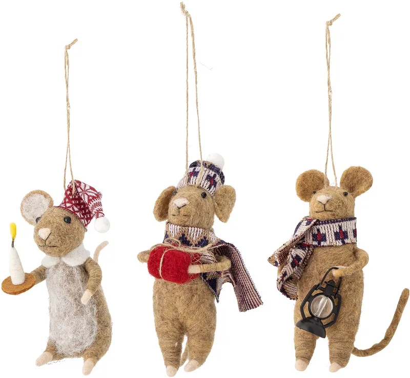 Peo Ornament - Wollen muizen kersthangers - set van 3 by Bloomingville in Bruin – product photo
