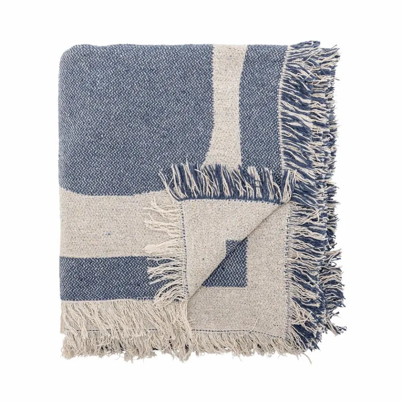 Plaid Ethan - Gerecycled katoen - Grafisch Blauw/Roomwit - 160x130cm by Bloomingville in Spijkerblauw – product photo