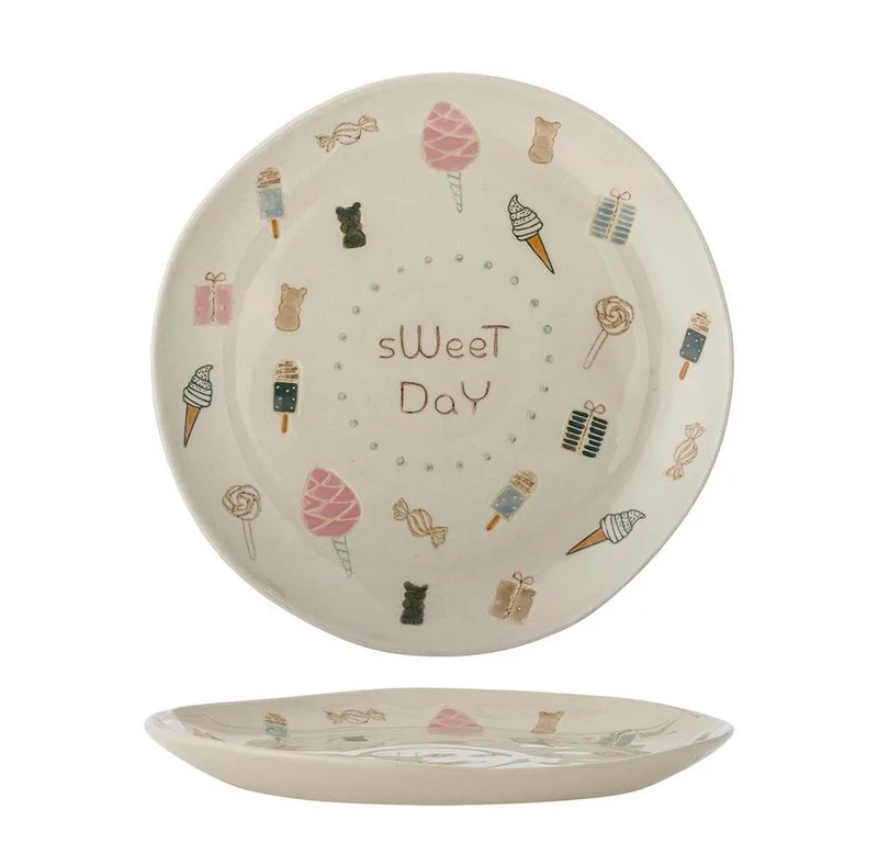 Speiseteller MINI Sweets Teller mit Süßigkeiten-Motiven, Steingut, Kinderteller, Keramikteller, Kinderteller, Süßigkeitenmotiv, Geburtstagstisch Unikat by Bloomingville in Beige, weiß – product photo