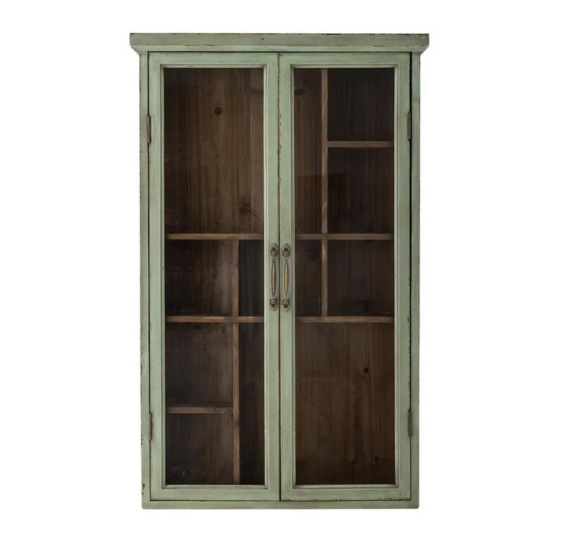 Wandhängeschrank Hazem Kabinett aus Tannenholz, dekorativer Wandschrank, Vitrinenschrank, Hängeschrank, Vintage Look, Gewürzschrank, Glasfront van Bloomingville in Groen – productfoto 1 van 5