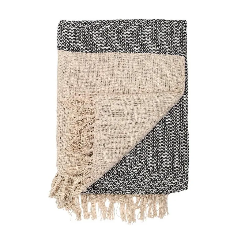Wohndecke Decke - Natur, Bloomingville, garngefärbt, aus recycelter Baumwolle, gewebt, mit Fransen, Tagesdecke, Kuscheldecke van Bloomingville in Beige, braun – productfoto