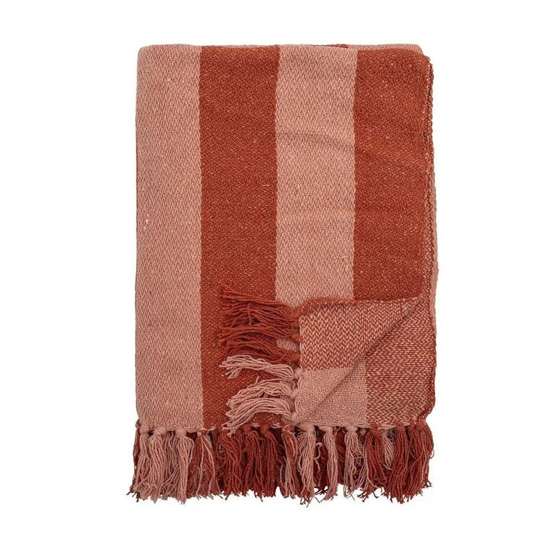Wohndecke Frello Tagesdecke aus recycelter Baumwolle in Bloomingville, Kuscheldecke, Sofadecke, Streifenmuster, Warme Farbtöne, Fransen Weich by Bloomingville in Orange – product photo