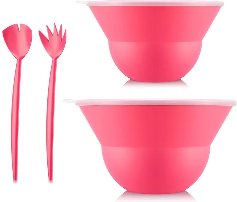 Topee Bowls | Twee saladekommen met deksels en saladecouvert | 5 liter & 3 liter | Bubblegum de Bodum en Roze – photo du produit