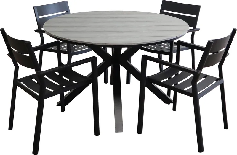 5-delige ronde tuinset | 4 Delia stapelbare tuinstoelen | 120cm Cyprus tuintafel (Grey) von Brafab in Schwarz – Produktfoto