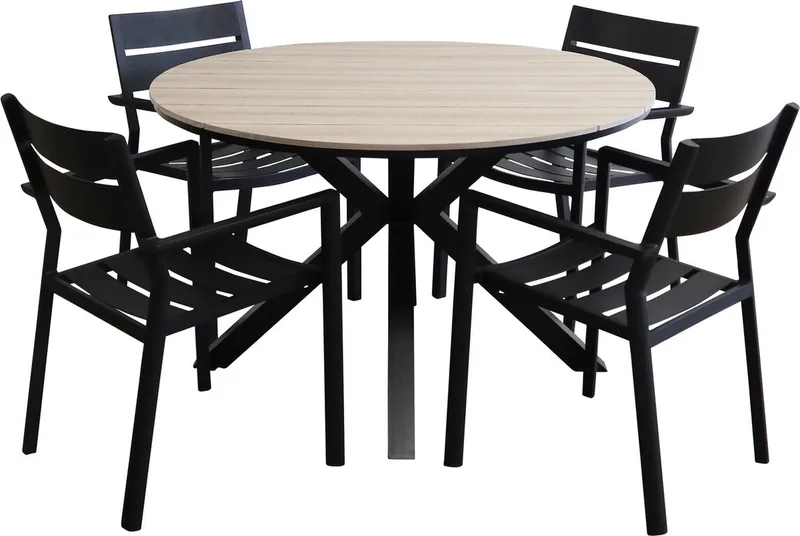 5-delige ronde tuinset | 4 Delia stapelbare tuinstoelen (Black) | ⌀ 120cm Cyprus tuintafel (Wood) by Brafab in Black – product photo