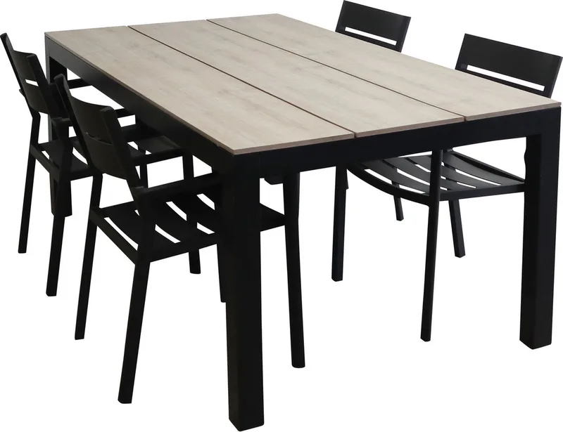 5-delige tuinset | 4 Delia stapelbare tuinstoelen | 180cm Cyprus tuintafel (Wood) by Brafab in Black – product photo