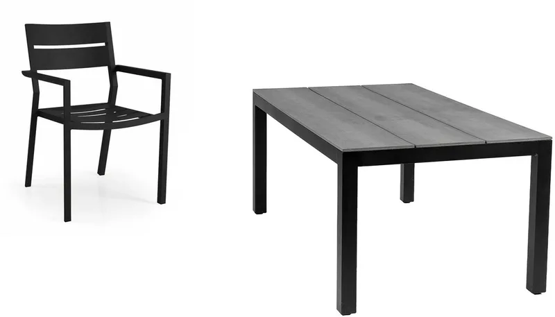 5-delige tuinset | 4 Delia stapelbare tuinstoelen | 180cm Cyprus tuintafel (Grey) by Brafab in Black – product photo
