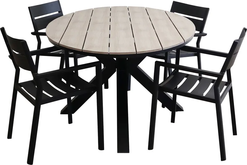 5-delige tuinset | 4 Delia stapelbare tuinstoelen | 180cm ovale Cyprus tuintafel (Wood) by Brafab in Black – product photo