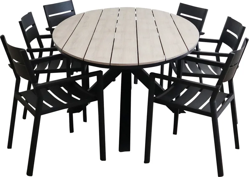 7-delige tuinset | 6 Delia stapelbare tuinstoelen | 220cm ovale Cyprus tuintafel (Wood) by Brafab in Black – product photo