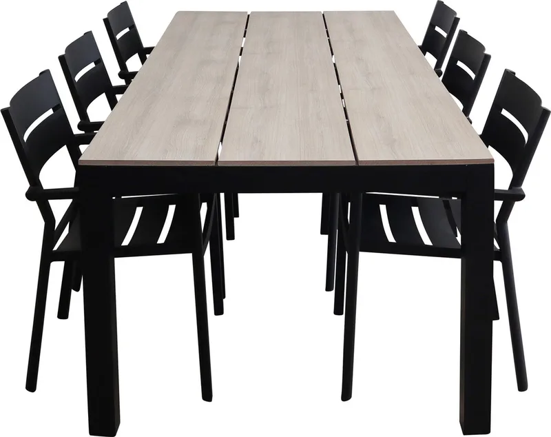 7-delige tuinset | 6 Delia stapelbare tuinstoelen | 225cm Cyprus tuintafel (Wood) från Brafab i Svart – produktbild