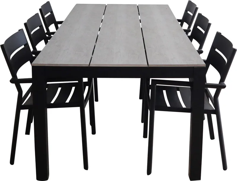 7-delige tuinset | 6 Delia stapelbare tuinstoelen | 225cm Cyprus tuintafel (Grey) de Brafab en Noir – photo du produit