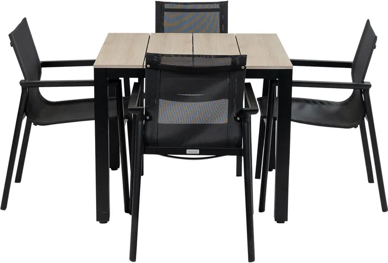 90x90 Cyprus | Wood + 4x Stapelbare tuinstoel Delia | Black | Textileen | Brafab by Brafab in Black, Wood – product photo