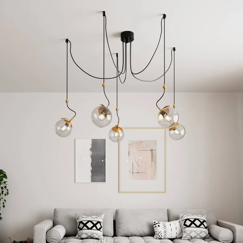 Carry hanglamp, decentraal, 5-lamps van By Rydéns in Rookgrijs-transparant, Messing, Zwart – productfoto