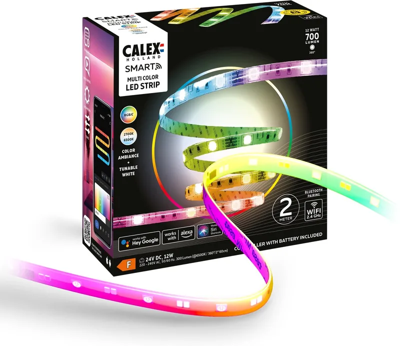 Smart LED Strip - 2M, Slimme Lichtstrip, RGBIC+CCT, App bedienbaar, Binnengebruik, 12W de Calex en Blanc – photo du produit