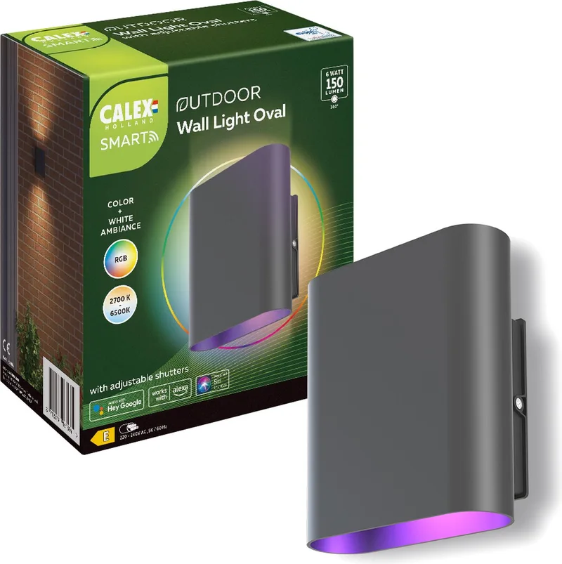 Smart Outdoor LED Up & Down Wandlamp - Slimme Buitenlamp - Ovaal - RGB en Warm Wit Licht - 6W van Calex in Zwart – productfoto