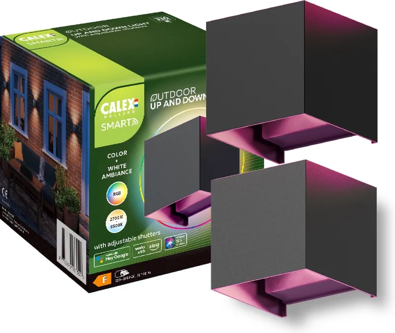 Smart Outdoor Slimme LED Wandlamp - Set van 2 - RGB Up & Down Buitenlamp, bediening via app en stem - Binnen & Buiten - Kleuren en Warm Wit Licht by Calex in Zwart-2-Stuks – product photo
