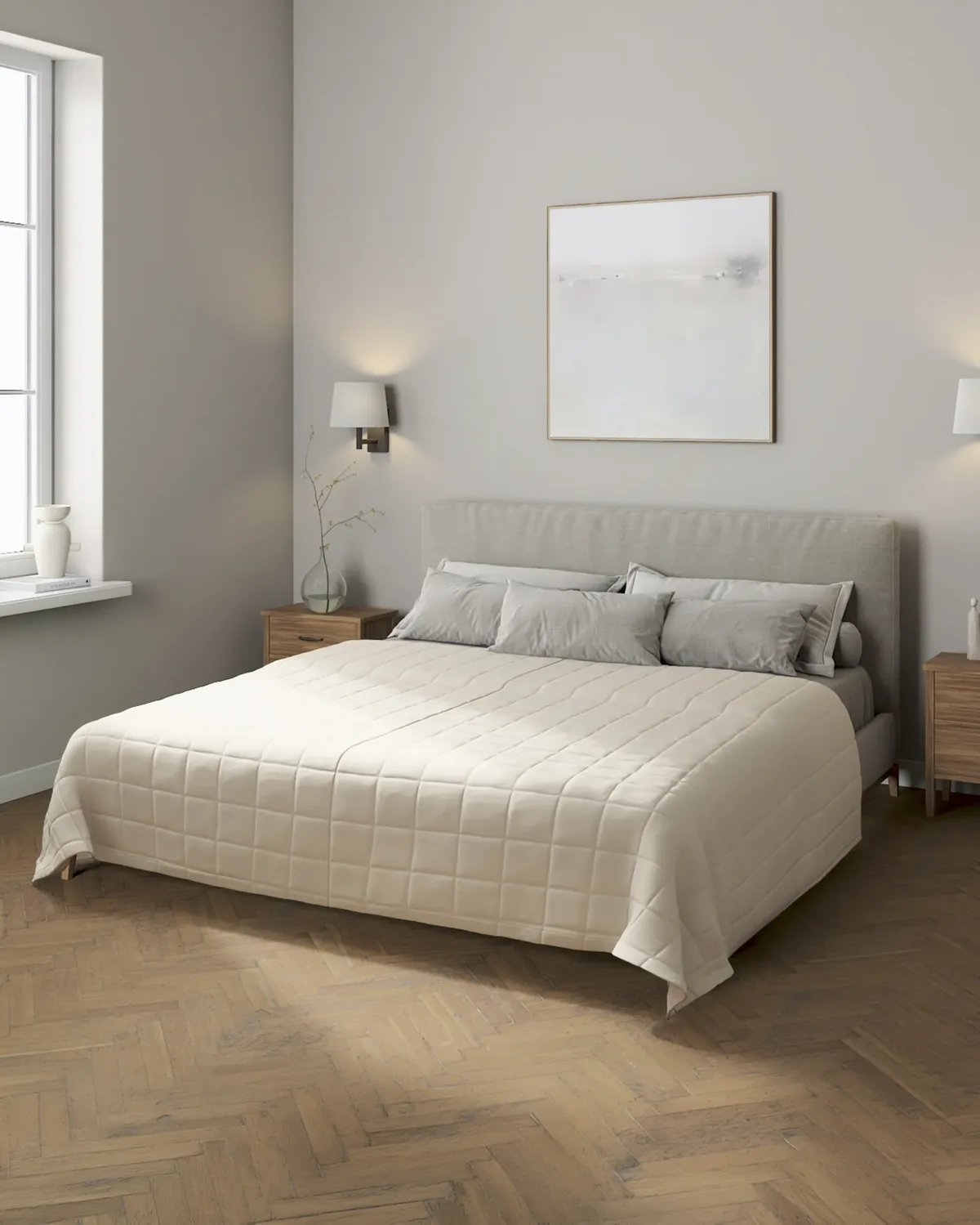 Tagesdecke mit Karosteppung Farbe beige Stoff halbtransparent, strukturiert, aus leinen van Dekoria – productfoto