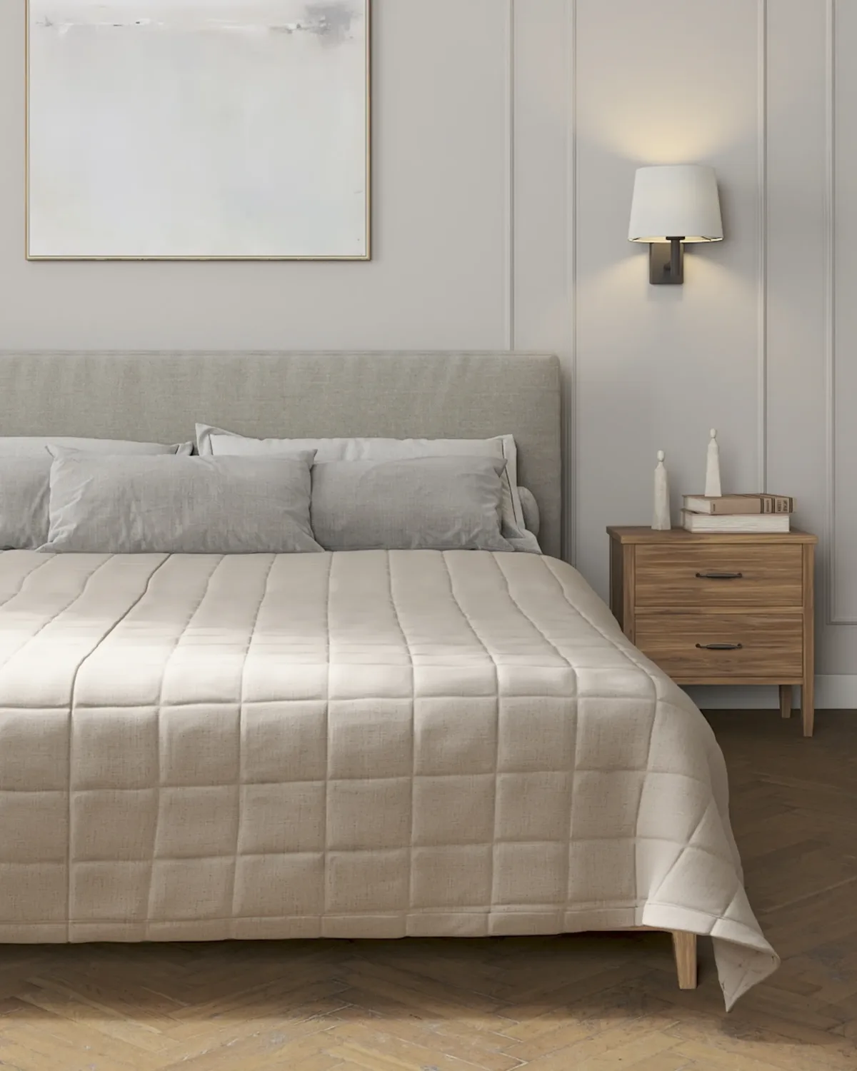 Tagesdecke mit Karosteppung Farbe beige Stoff halbtransparent, strukturiert, aus leinen van Dekoria – productfoto