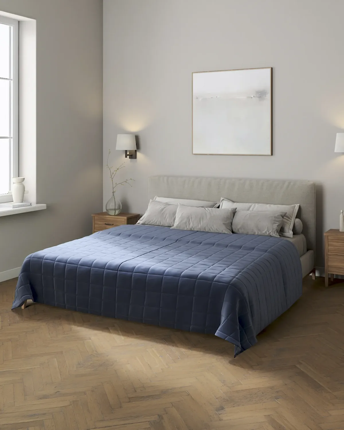 Tagesdecke mit Karosteppung Farbe dunkelblau Stoff samt van Dekoria – productfoto