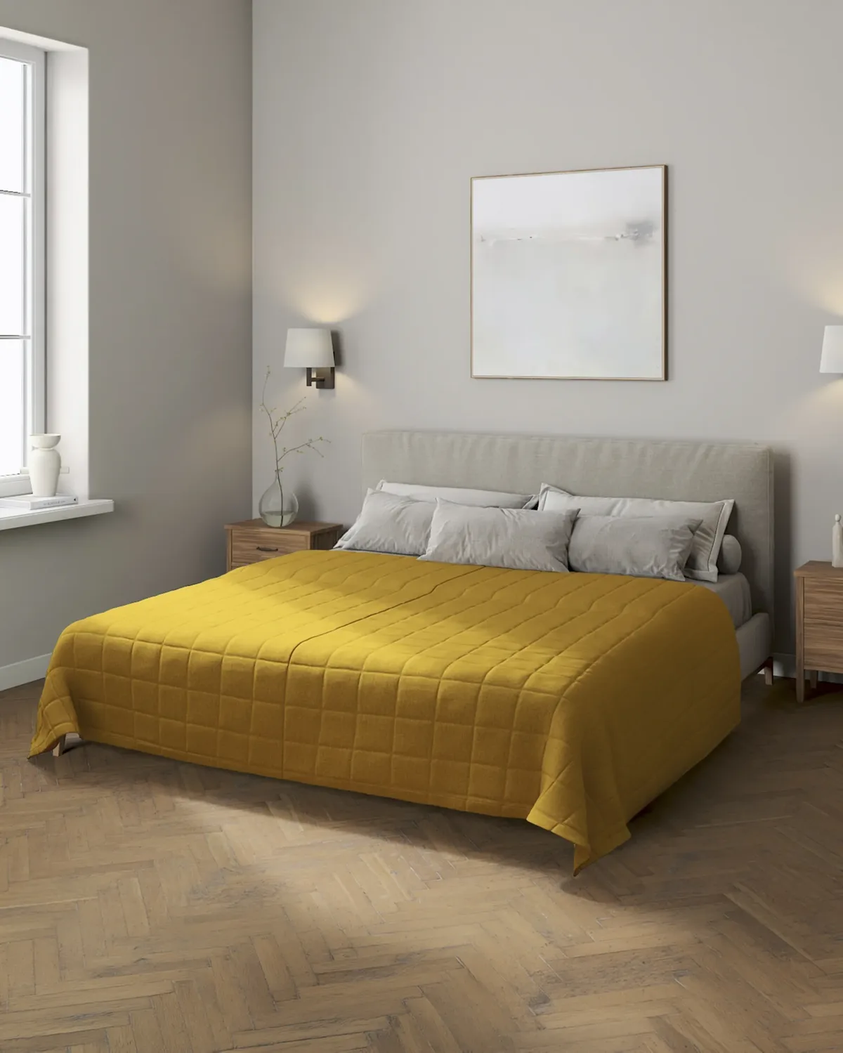 Tagesdecke mit Karosteppung Farbe gelb Stoff strukturiert van Dekoria – productfoto